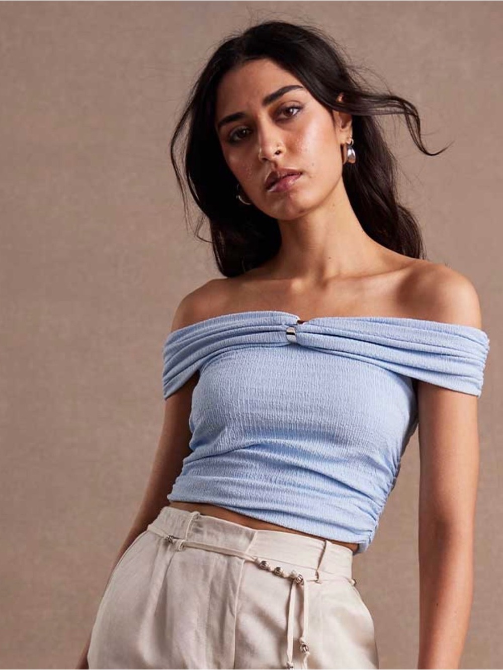Twist-Front Off-Shoulder Crop Top in Light Blue